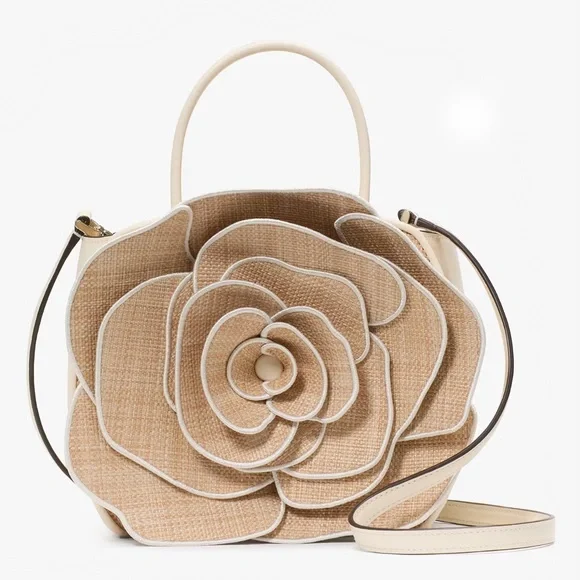 ♠️Kate Spade Flora 3D Rose Floral Straw Tote Crossbody Bag, Natural NWT